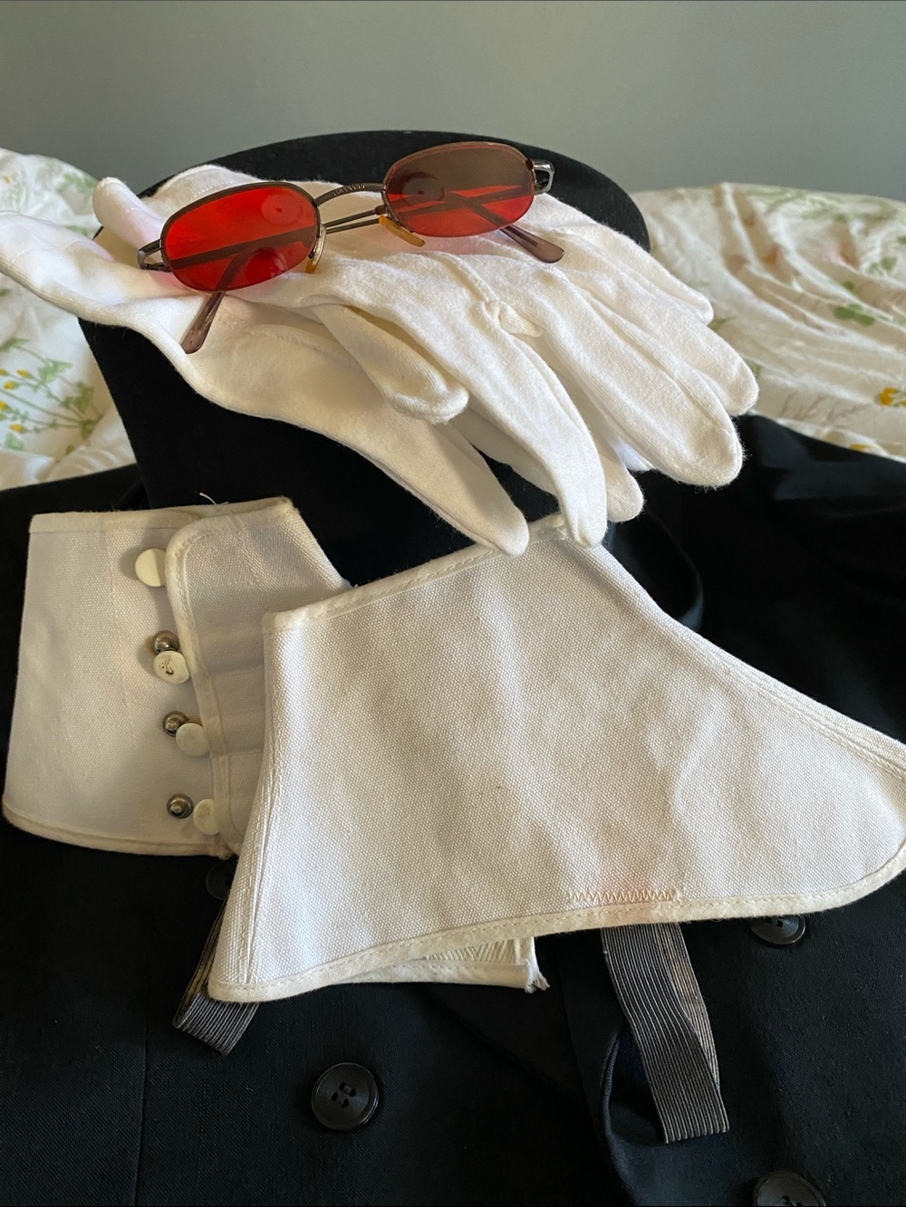 White Cotton Shoe Spats, Grey Gloves, Grey Spats ,Sunglasses, vinyl hand gloves